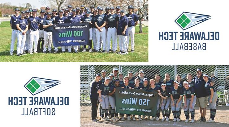 A collage of the baseball and softball teams posing with signs that say 100 wins and 150 wins