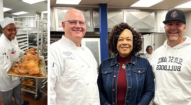 A collage of two images. On the left, Steve Duncan, Cornelia Johnson, and Joe Sakers stand together in the Culinary Department's kitchen. On the right, Culinary Student Philishia Davis holds a cooked turkey on a tray in the Culinary Department's kitchen.